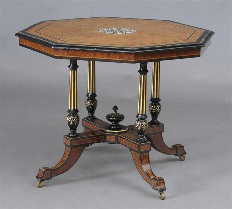 Appraisal: VICTORIAN BURL ELM AND EBONIZED INLAID OCTAGONAL CENTER TABLE The