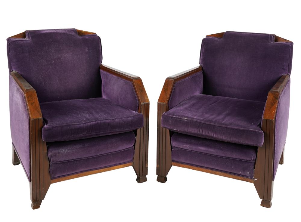 Appraisal: PAIR OF ART DECO CLUB CHAIRSmahogany macassar and purple velvet