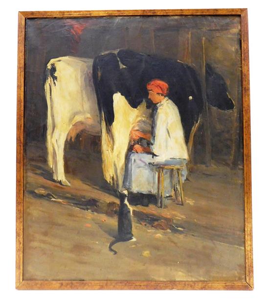 Appraisal: th C oil on canvas genre scene depicting milkmaid sitting