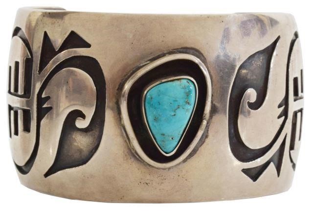 Appraisal: Native American silver content unknown overlay cuff bracelet with central