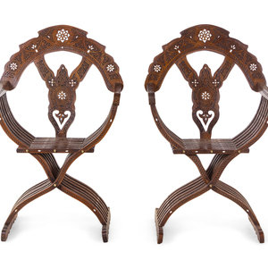 Appraisal: A Pair of Syrian Mother-of-Pearl Inlaid Walnut Savonarola Chairs th