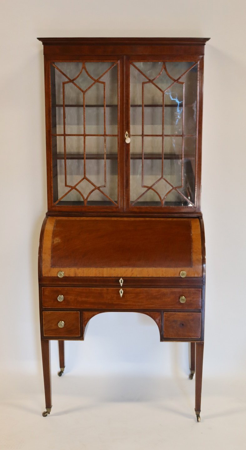 Appraisal: ANTIQUE BANDED MAHOGANY BARREL FRONT SECRETARY From a Pelham Manor