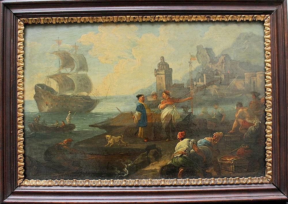 Appraisal: Adrien Manglard Adrien Manglard Port scene with ships tradesmen and