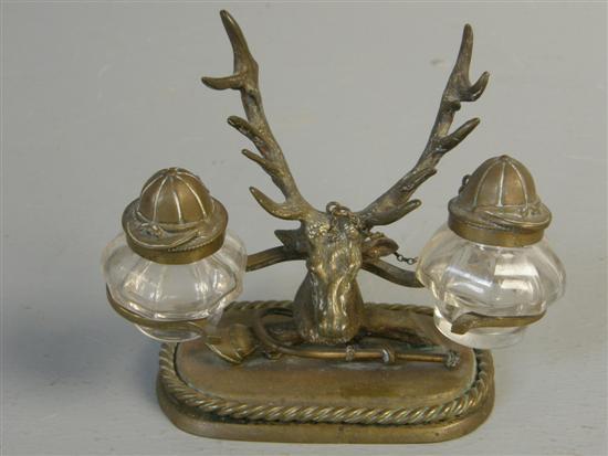 Appraisal: Bronze inkwell holder modelled as a stag's head with antlers