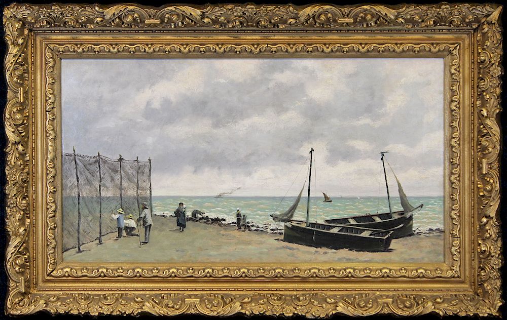 Appraisal: European School Coastal Scene w Figures European School Coastal Scene