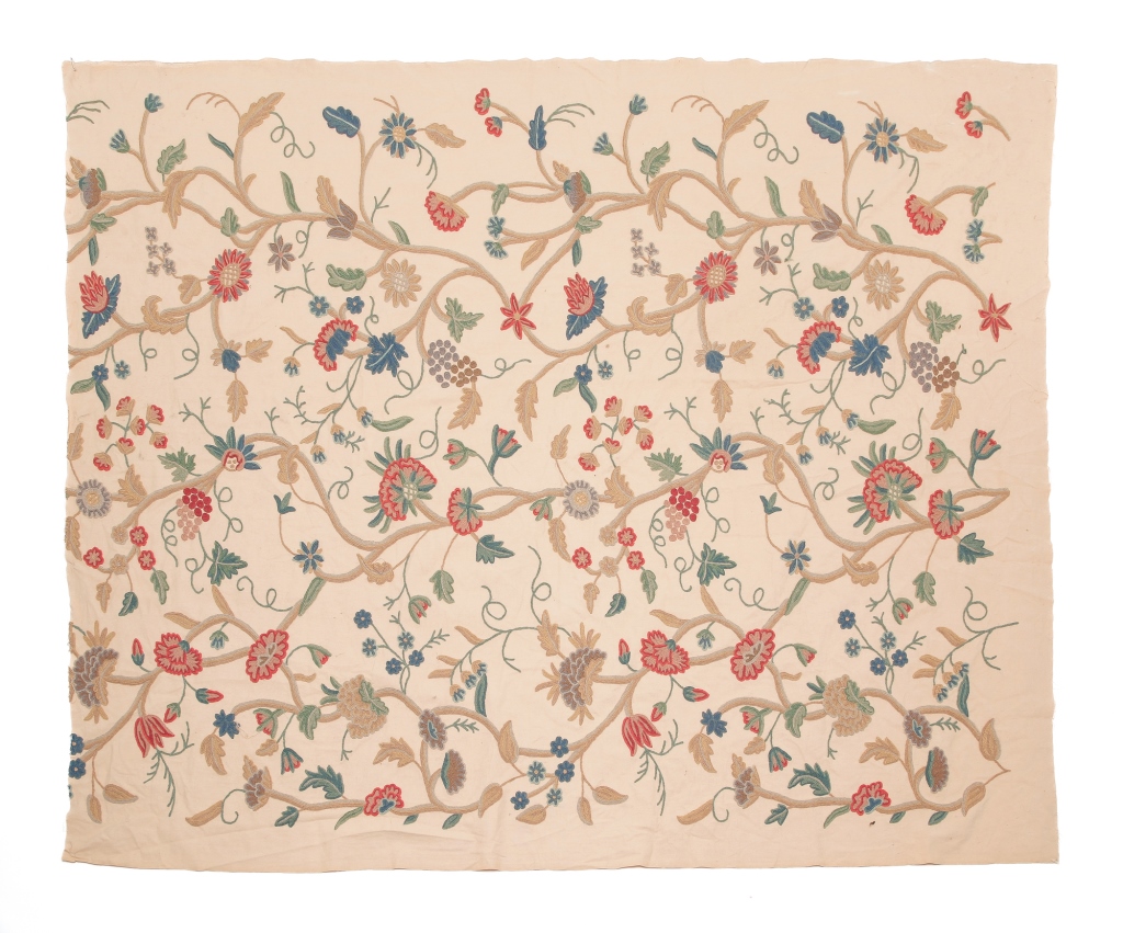 Appraisal: CREWELWORK PANEL American th century Floral in pinks blues greens