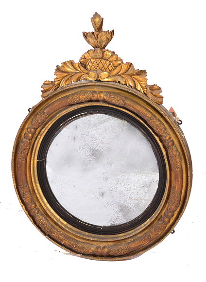 Appraisal: A TH CENTURY CIRCULAR GESSO CONVEX MIRROR with carved wooden