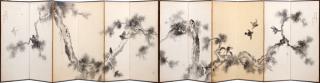 Appraisal: JAPANESE HAND PAINTED SILK ON PAPER PANEL SCREEN JAPANESE HAND