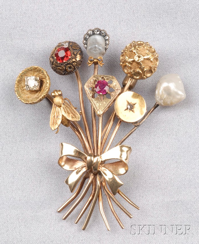 Appraisal: kt Gold and Gem-set Stickpin Brooch set with a carved