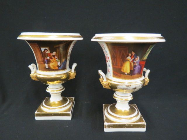 Appraisal: Pair of Early Porcelain Vases handpainted interior scenes with family