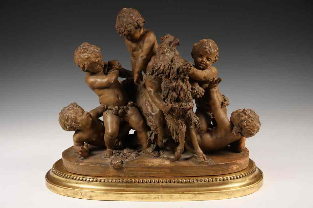 Appraisal: FRENCH TERRACOTTA FIGURAL GROUP ON STAND - Five Infant Bacchantes