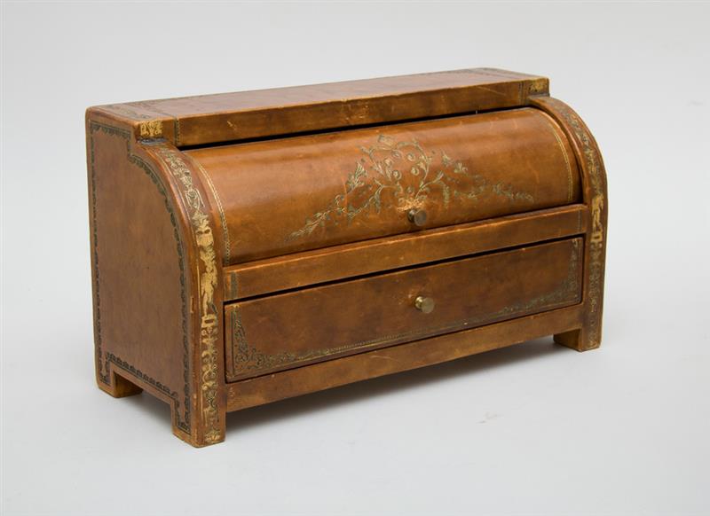 Appraisal: ITALIAN NEOCLASSICAL STYLE EMBOSSED LEATHER-CLAD MINIATURE BUREAU CYLINDRE Marked 'Made