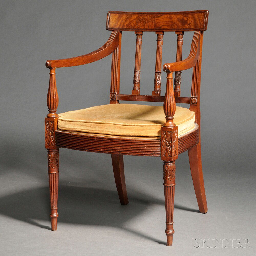 Appraisal: Federal Carved Mahogany and Mahogany Veneer Armchair attributed to Thomas