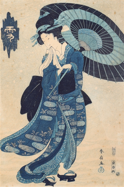 Appraisal: Old Japanese woodblock print of a Geisha holding an Umbrella