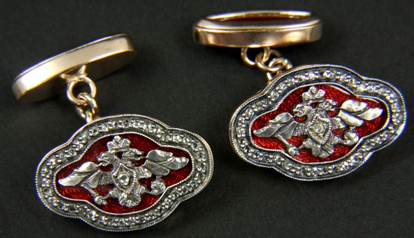 Appraisal: Pair of gold diamond and enamel cufflinks Faberge-style marked ozt