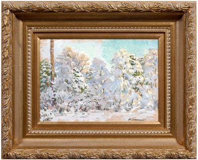 Appraisal: Nickolai Ovchinnikov painting winter woodland landscape signed in Cyrillic lower