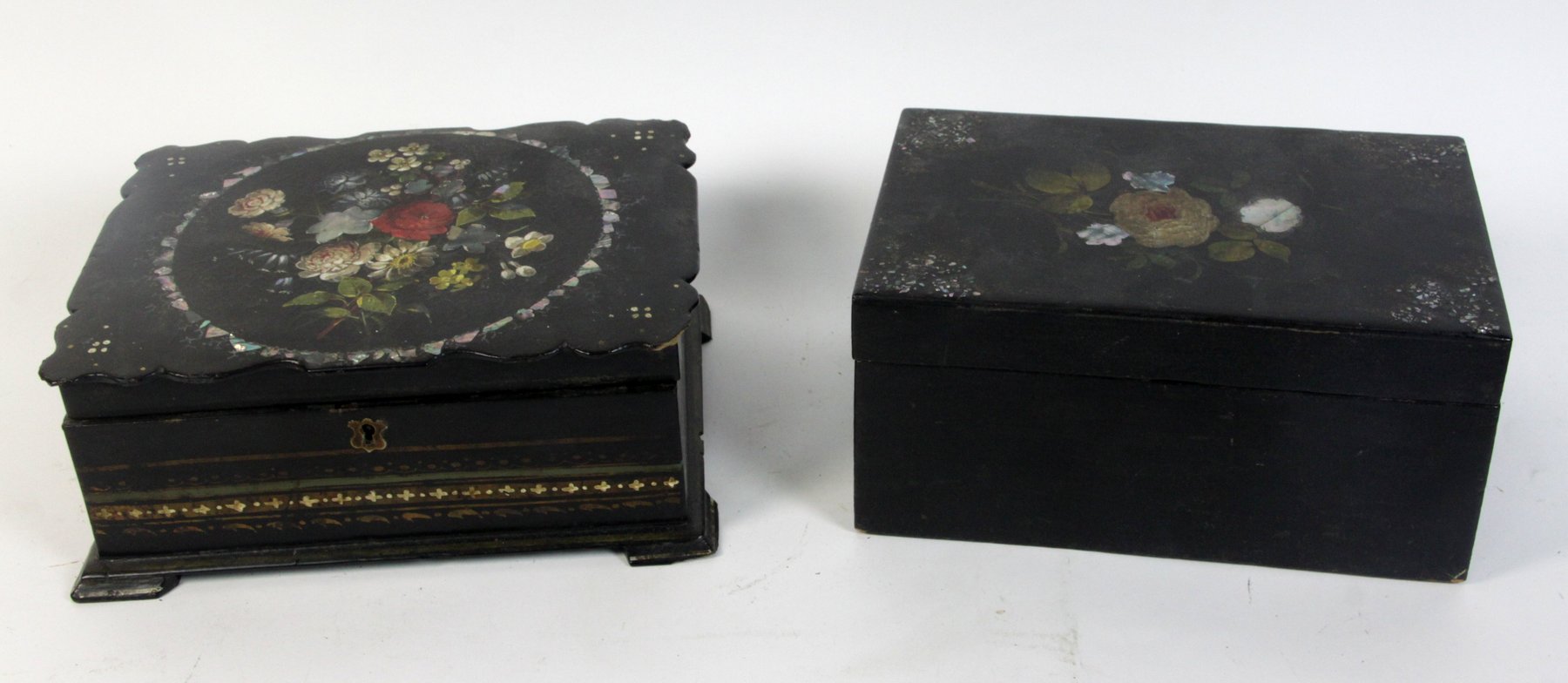 Appraisal: A papier mach work box painted with flowers cm wide