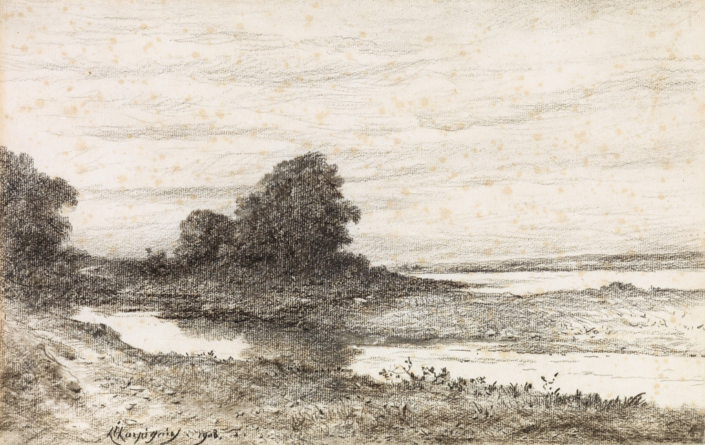 Appraisal: HENRI-JOSEPH HARPIGNIES le de la Loire Black crayon on cream