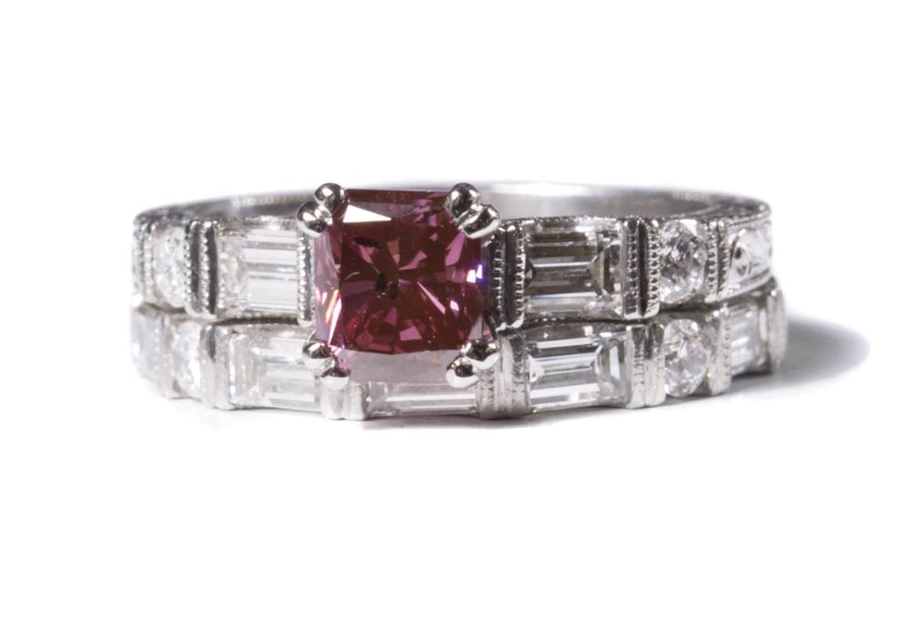 Appraisal: FANCY PURPLISH PINK DIAMOND AND PLATINUM WEDDING SET including a