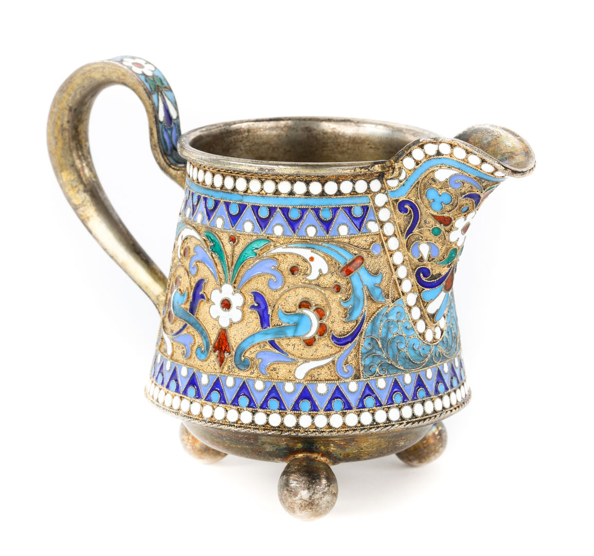 Appraisal: Russian cloisonne enamel silver-gilt creamer Cyrillic maker's mark of IGT