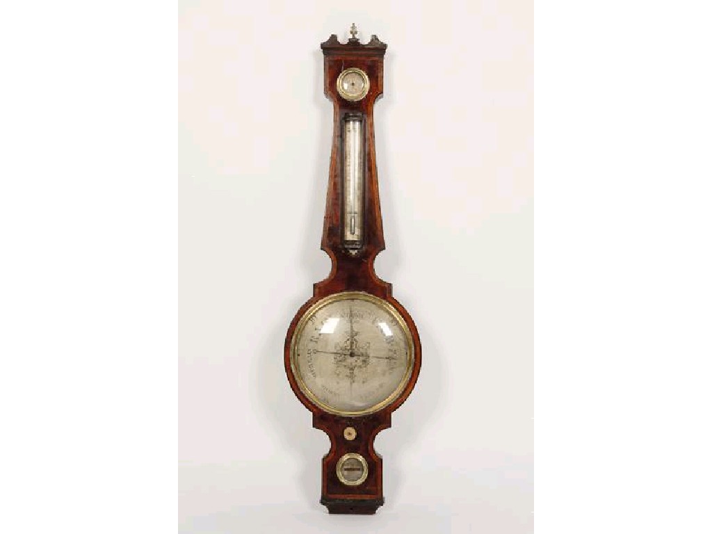 Appraisal: A LATE GEORGE III MAHOGANY WHEEL BAROMETER with damp dry