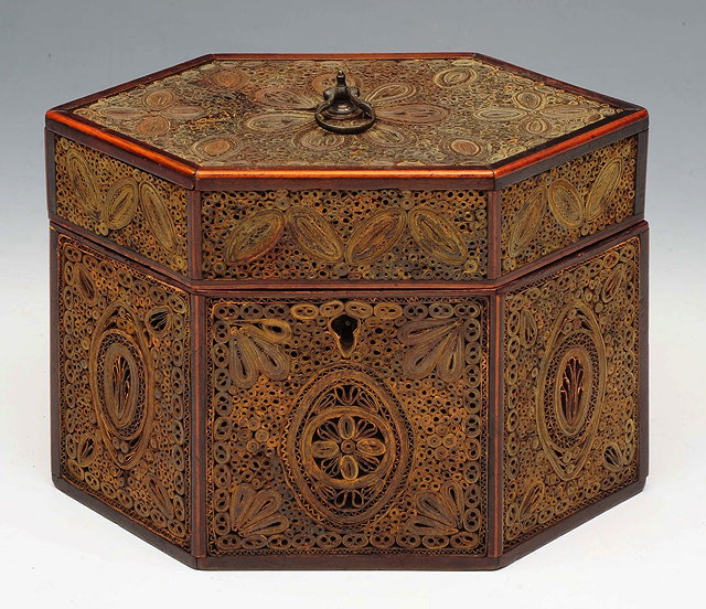 Appraisal: A GEORGE III PAPER SCROLLWORK AND BOX STRUNG TEA CADDY