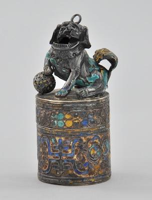 Appraisal: A Cloisonne Metal Container-Seal with Foo Dog Finial Or cylinder