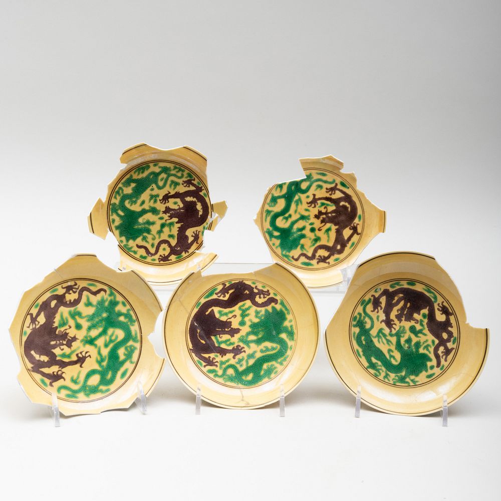 Appraisal: Group of Five Chinese Yellow Glazed Porcelain Dragon Saucers Blue