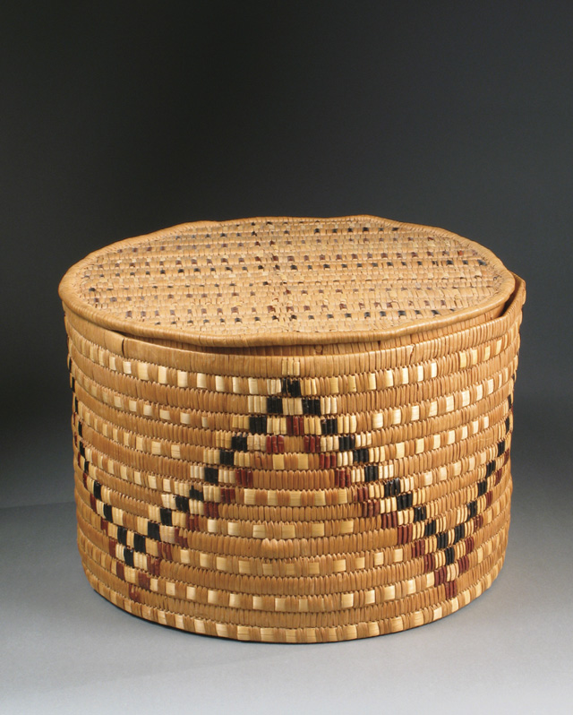 Appraisal: NORTHWEST INDIAN COVERED ROUND STORAGE BASKET hand woven from split