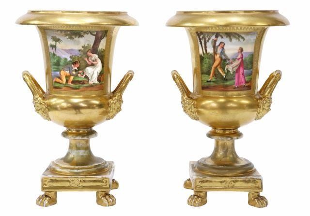 Appraisal: lot of French gilt porcelain bolted urns th c campagna