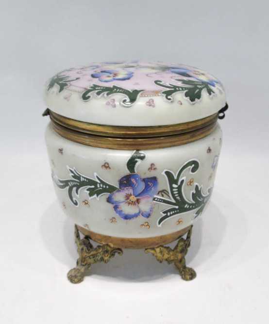 Appraisal: VICTORIAN ENAMELED GLASS VANITY BOX the hinge-top round vessel painted