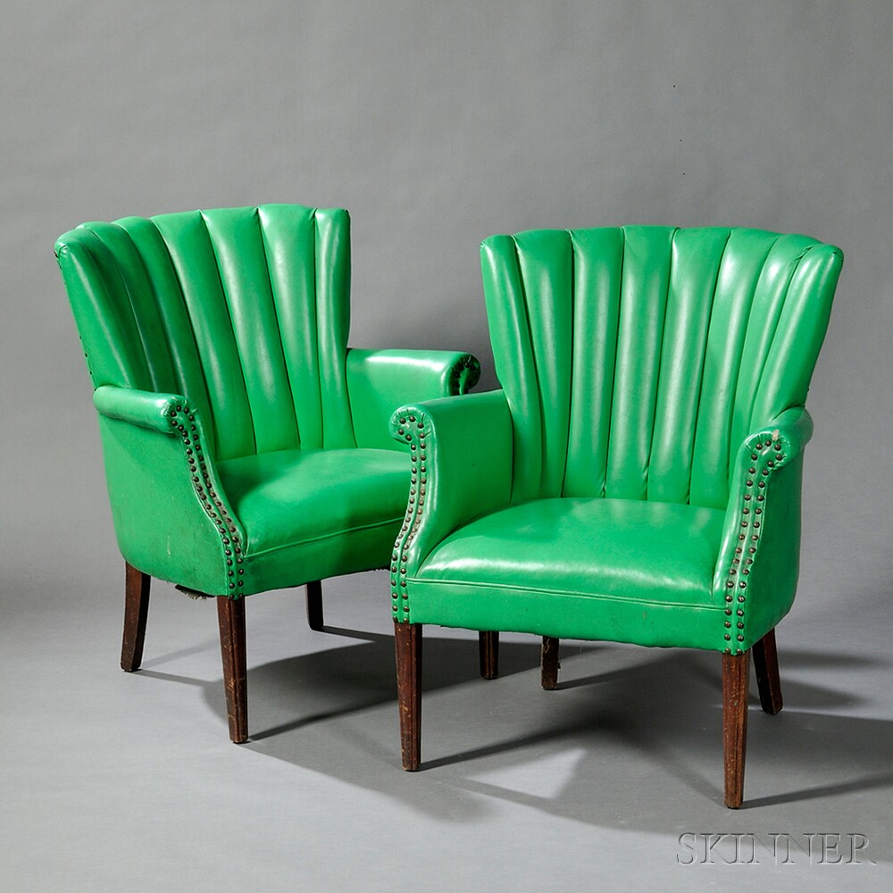 Appraisal: Pair of Mid-century Upholstered Armchairs the apple green faux leather