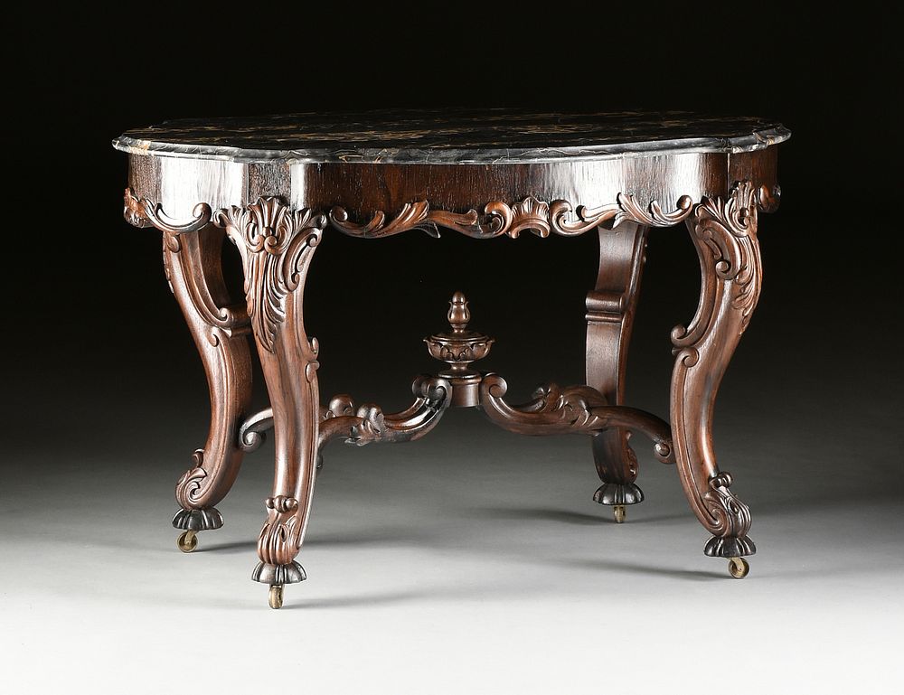 Appraisal: AN AMERICAN ROCOCO REVIVAL MARBLE TOPPED ROSEWOOD CENTER TABLE MID