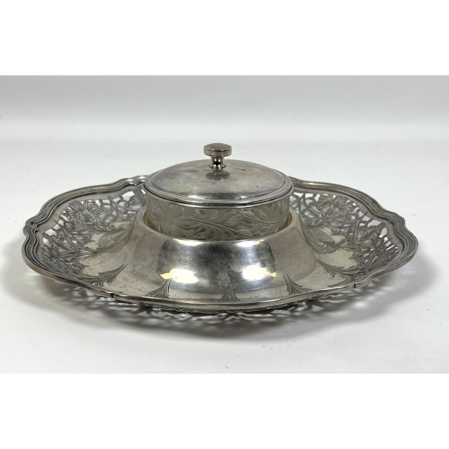 Appraisal: Sterling and Crystal Condiment Serving Tray Pierced underplate OZT Dimensions