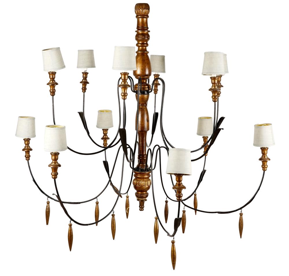 Appraisal: TWELVE-LIGHT CHANDELIERiron and giltwood with shades inches diameter inches high