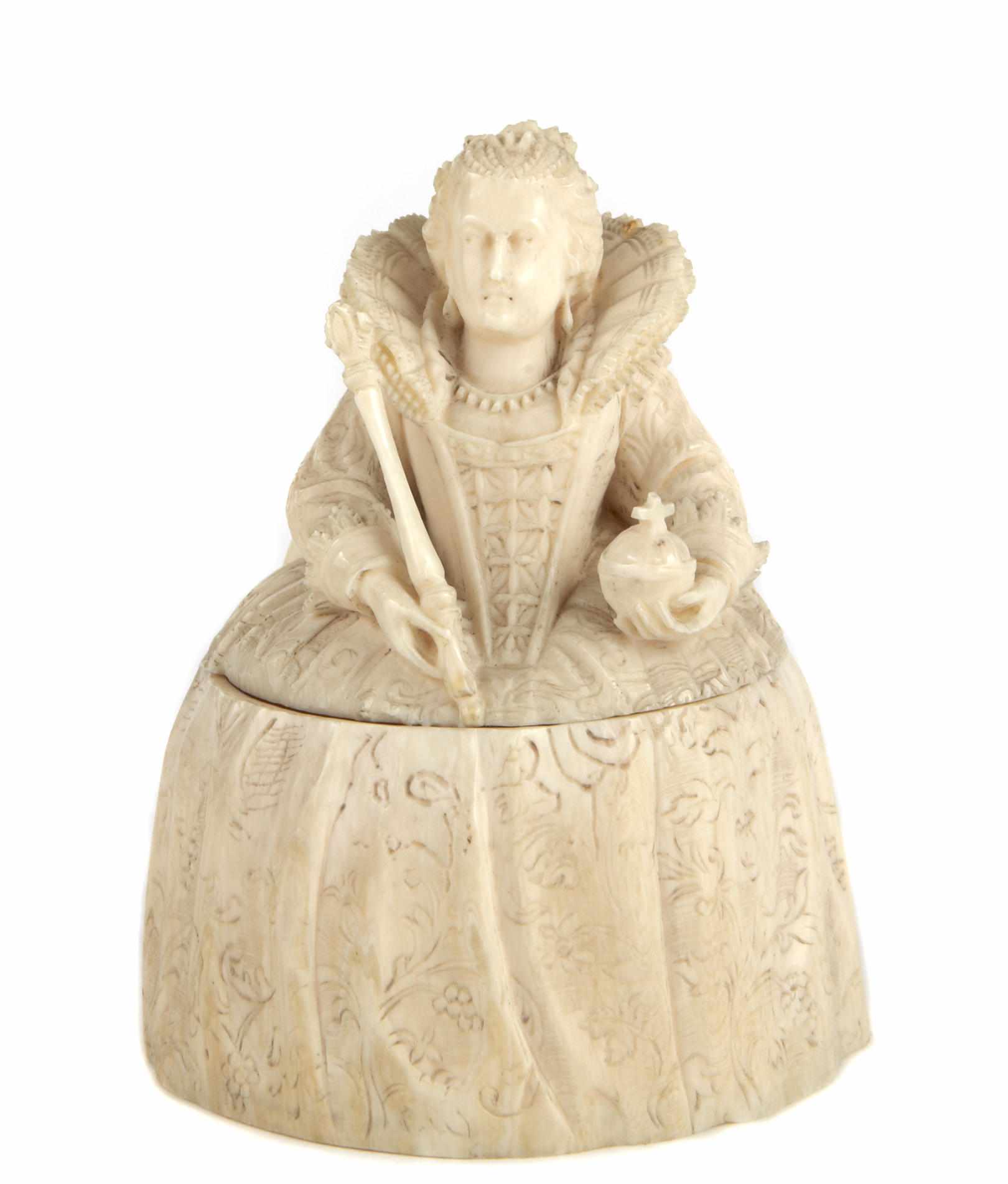 Appraisal: A carved ivory covered box in the form of Queen