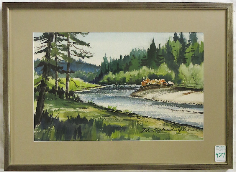 Appraisal: JOHN WADDINGHAM WATERCOLOR ON PAPER Oregon - River landscape Image