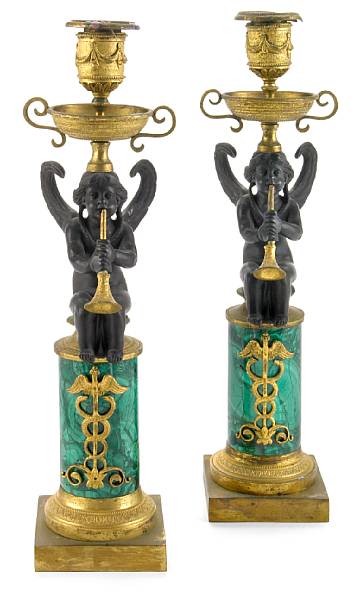 Appraisal: A pair of Empire style gilt and patinated bronze malachite