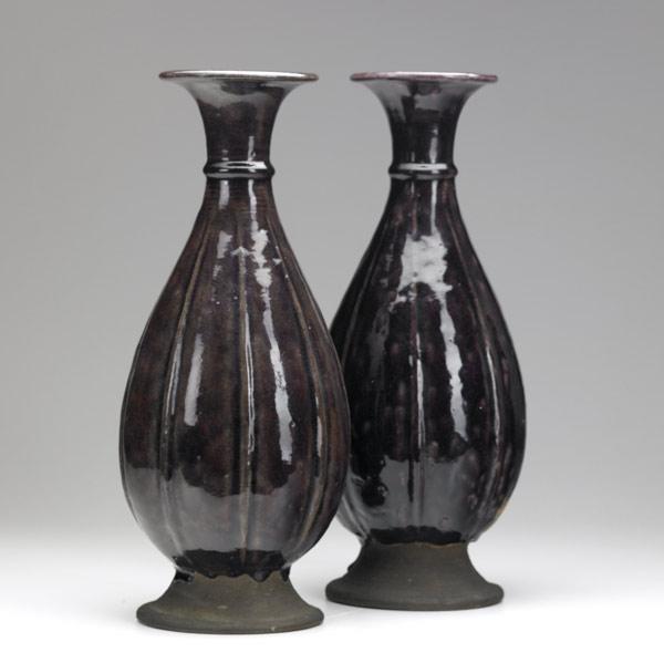 Appraisal: LEON VOLKMAR DURANT Pair of ribbed baluster vases covered in