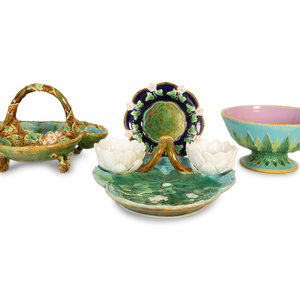 Appraisal: Two George Jones Majolica Strawberry Dishes and Acanthus Footed Bowl