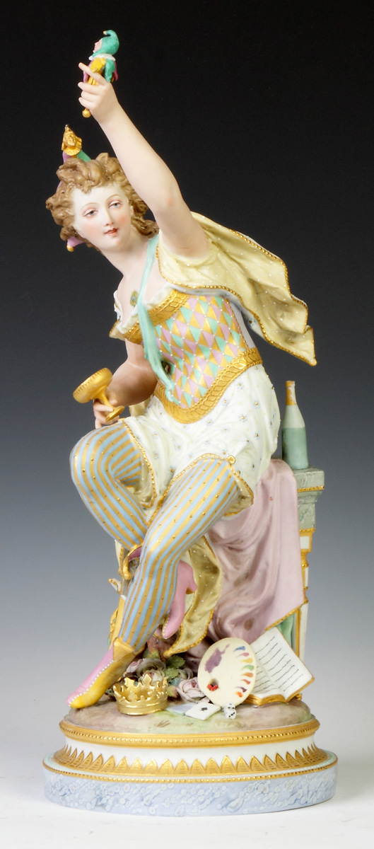 Appraisal: French Hand Painted Porcelain Court Jester th cent Green anchor