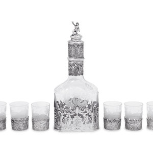 Appraisal: A Continental Silver Mounted Etched Glass Drink Service Circa comprising