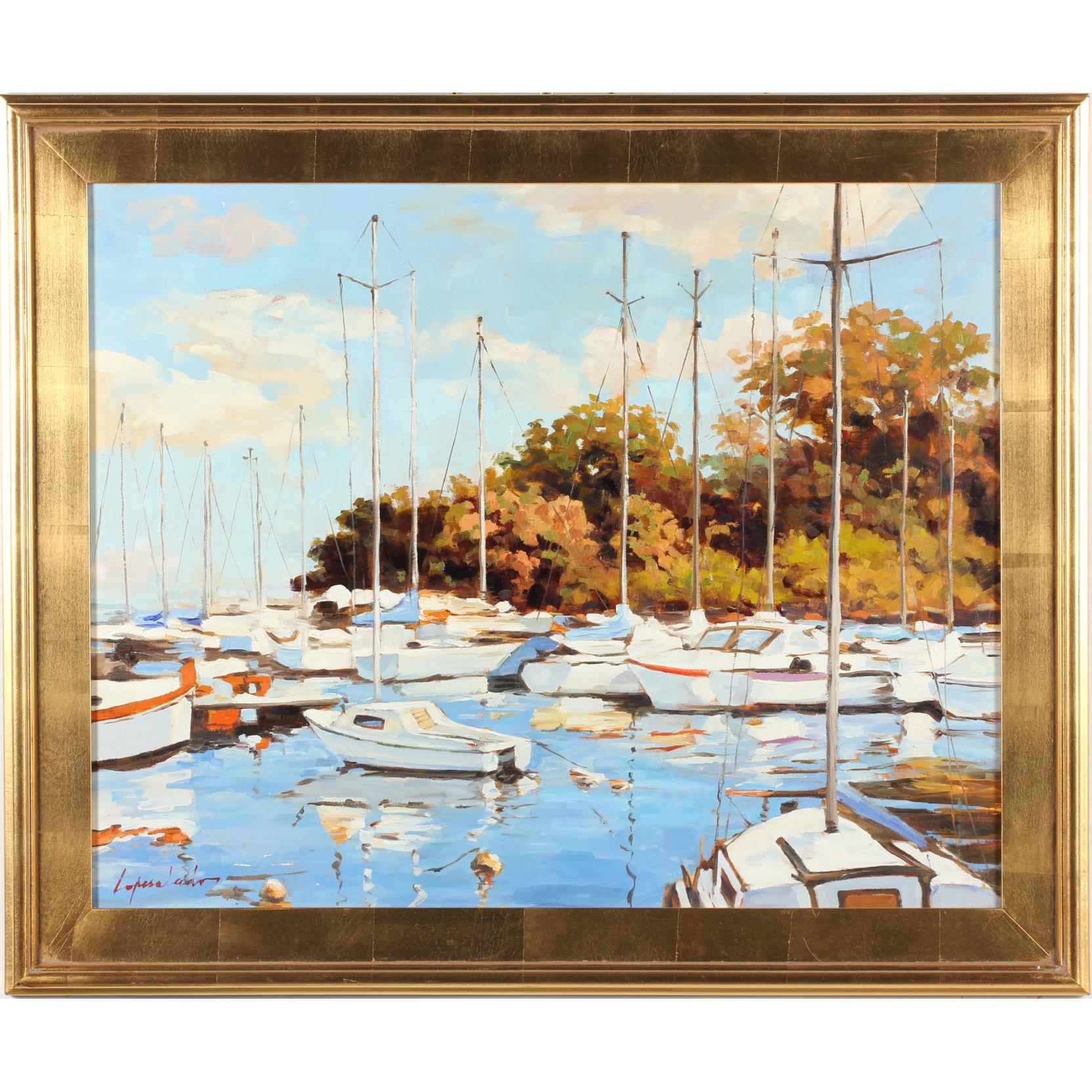 Appraisal: Contemporary Plein Air Harbor Scene Painting oil on canvas signed