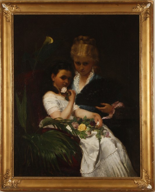 Appraisal: Portrait of Mother and Daughter with Flowers oil on canvas