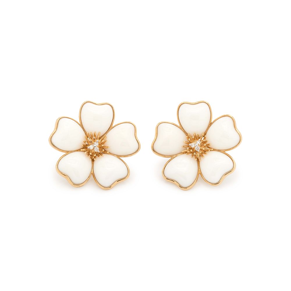 Appraisal: CORAL AND DIAMOND FLOWER EARCLIPS CORAL AND DIAMOND FLOWER EARCLIPS