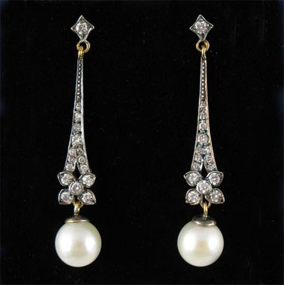 Appraisal: A pair of cultured pearl and diamond drop earrings The