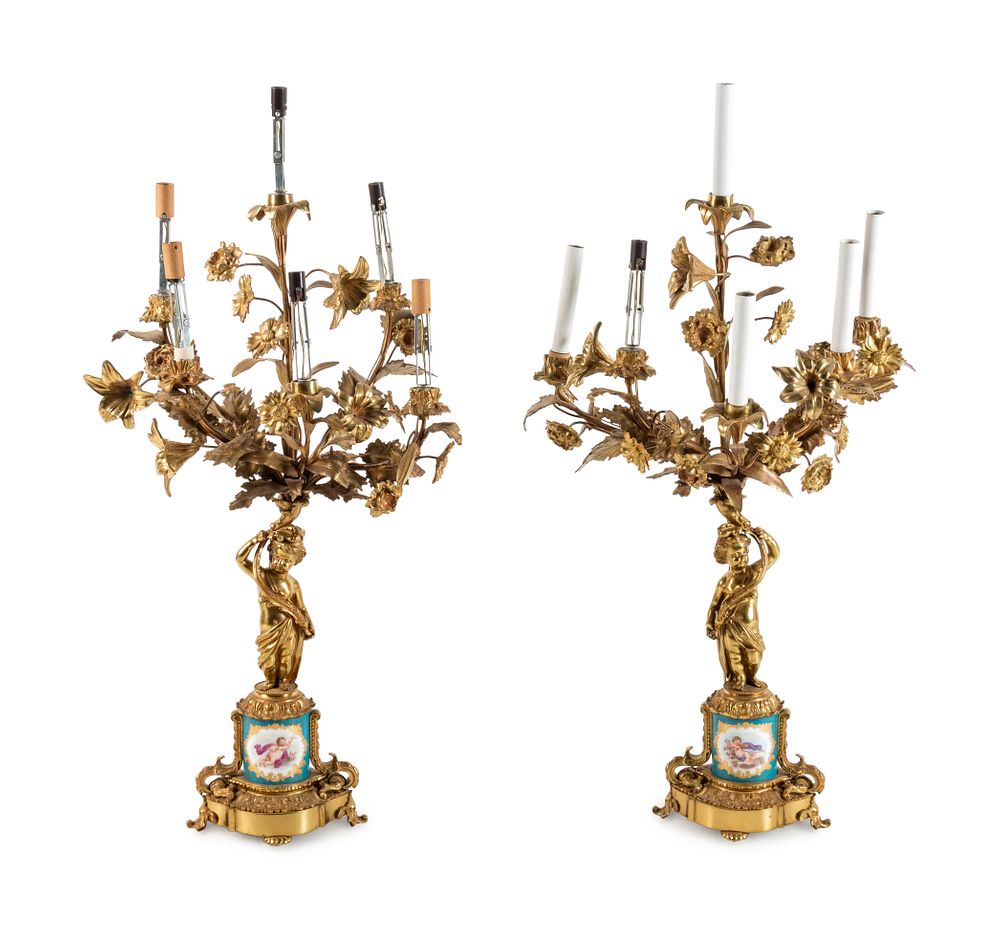 Appraisal: A Pair of Sevres Style Porcelain Mounted Gilt Bronze Six-Light