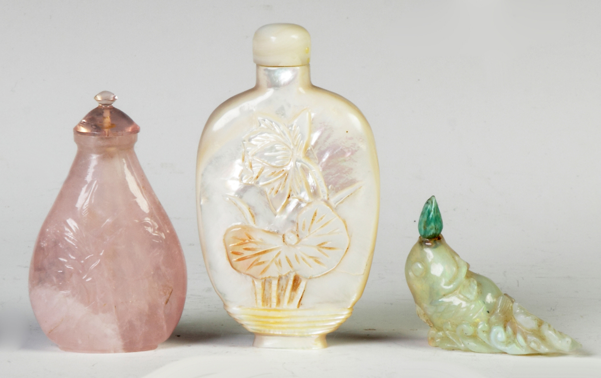 Appraisal: Three Snuff Bottles Pink quartz w floral design Carved abalone