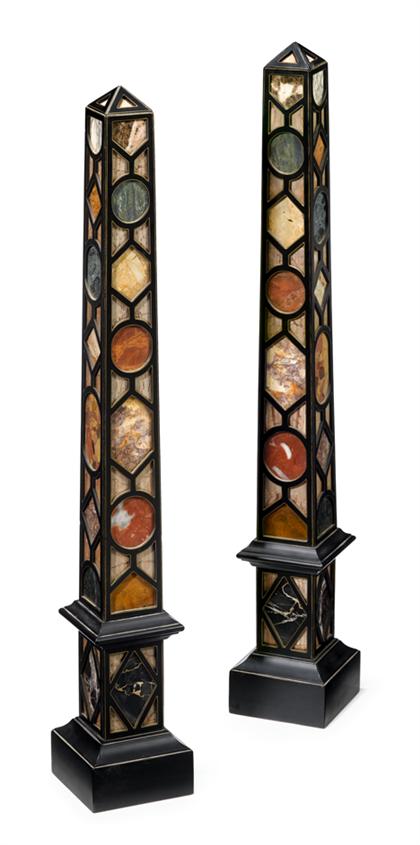 Appraisal: Pair of French specimen marble and ebonized obelisks early th