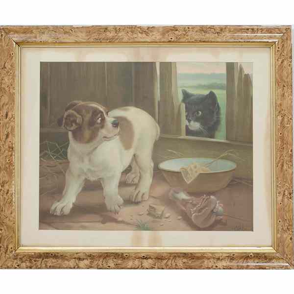 Appraisal: Pair of Framed Lithographs with Puppies A pair of chromolithographs